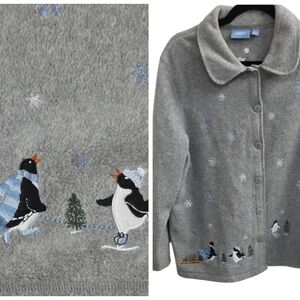 Croft & Barrow Grey Fleece Cardigan Button Snowflakes and Penguins Embroidery